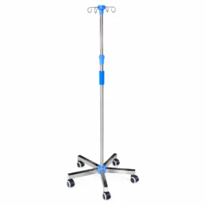 IV drip stand on a wheeled base with blue height-adjustment clamps (medical equipment)