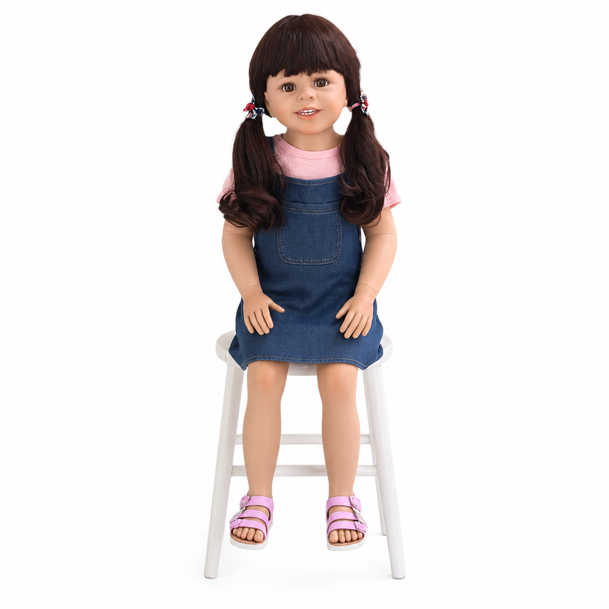 Life-like doll with brown hair in pigtails, wearing a pink shirt and denim dress, seated on a white chair.