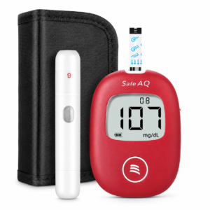 Red glucose meter displaying 107 mg/dL with test strip, lancet device, and black carrying case.