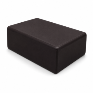 Black rectangular leather ottoman with rounded edges, placed on a white background.