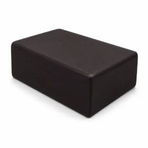 Black rectangular leather ottoman with rounded edges, placed on a white background.