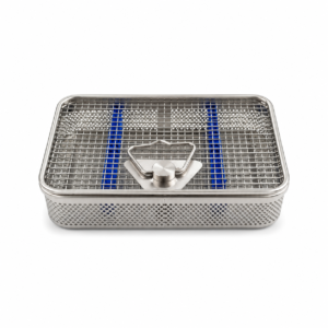 Stainless steel perforated sterilization basket with a wire mesh top and a central latch handle
