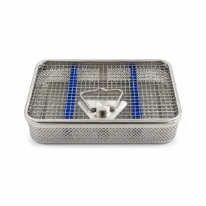 Stainless steel perforated sterilization basket with a wire mesh top and a central latch handle