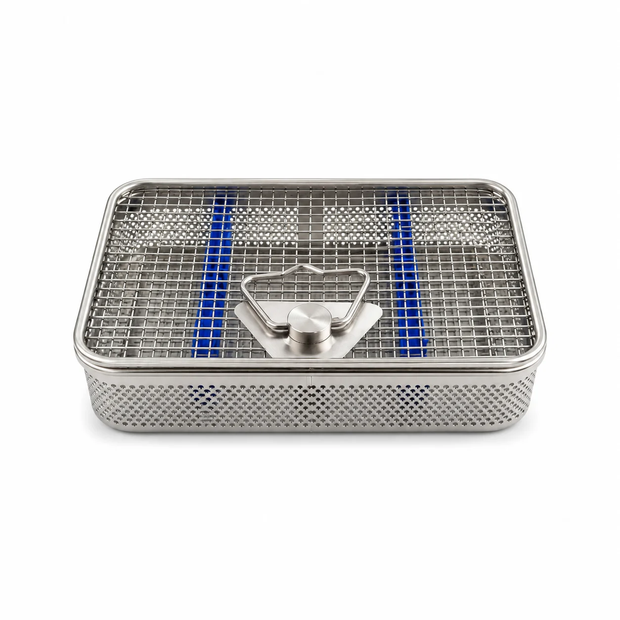 Stainless steel perforated sterilization basket with a wire mesh top and a central latch handle