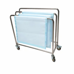 Mobile hospital privacy screens on a metal wheeled cart with blue disposable curtains stacked between the rails.