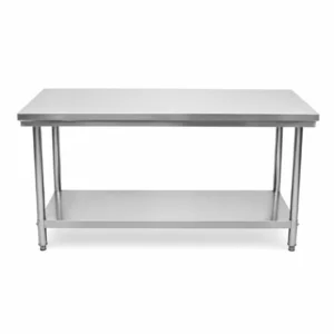 Stainless steel industrial work table with an upper surface and a lower shelf on four legs, typical of a commercial kitchen.