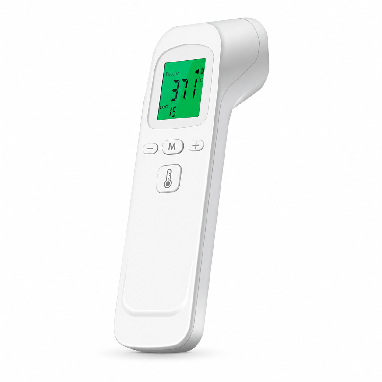 White infrared thermometer with a green backlit display showing 37.1°C body temperature.