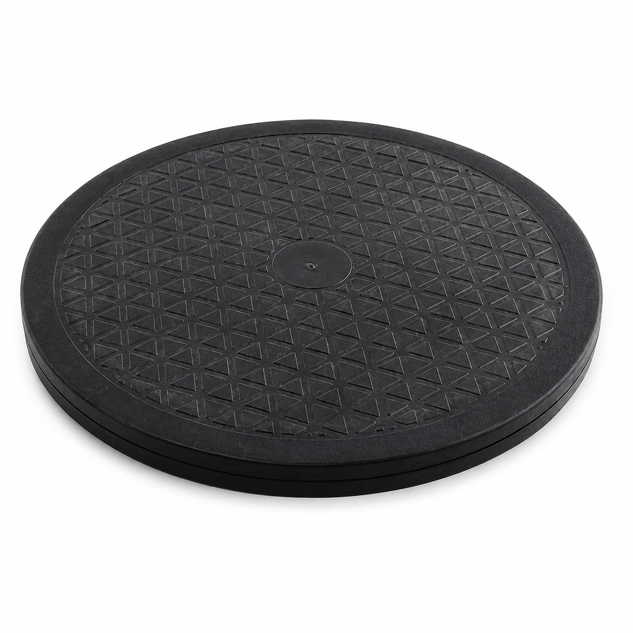 Round black circular platform with a textured diamond grid surface and a slightly raised edge (non-slip base).