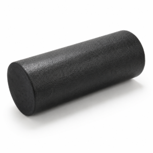 Black foam roller used for muscle massage and mobility exercises, cylindrical and textured surface on a white background.