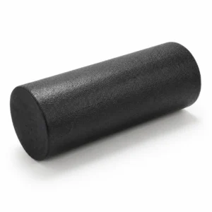 Black foam roller used for muscle massage and mobility exercises, cylindrical and textured surface on a white background.