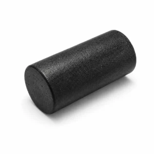 Black textured foam roller on a white background used for muscle massage and fitness warmups