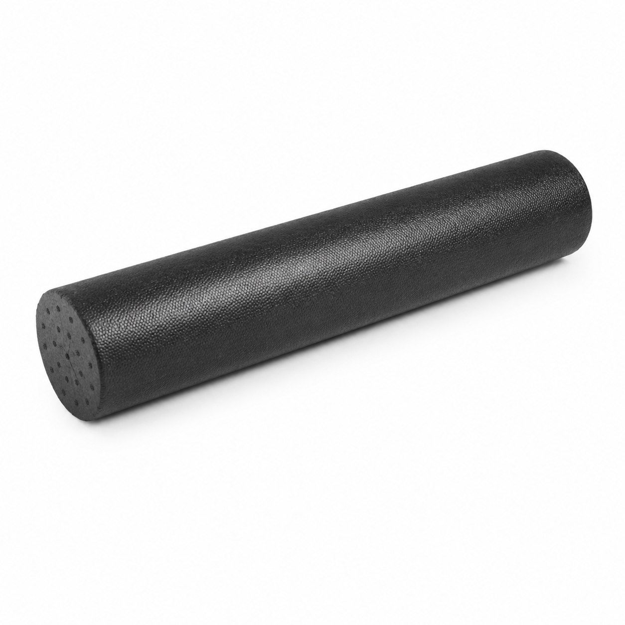 Black cylindrical foam roller for muscle massage on a white background