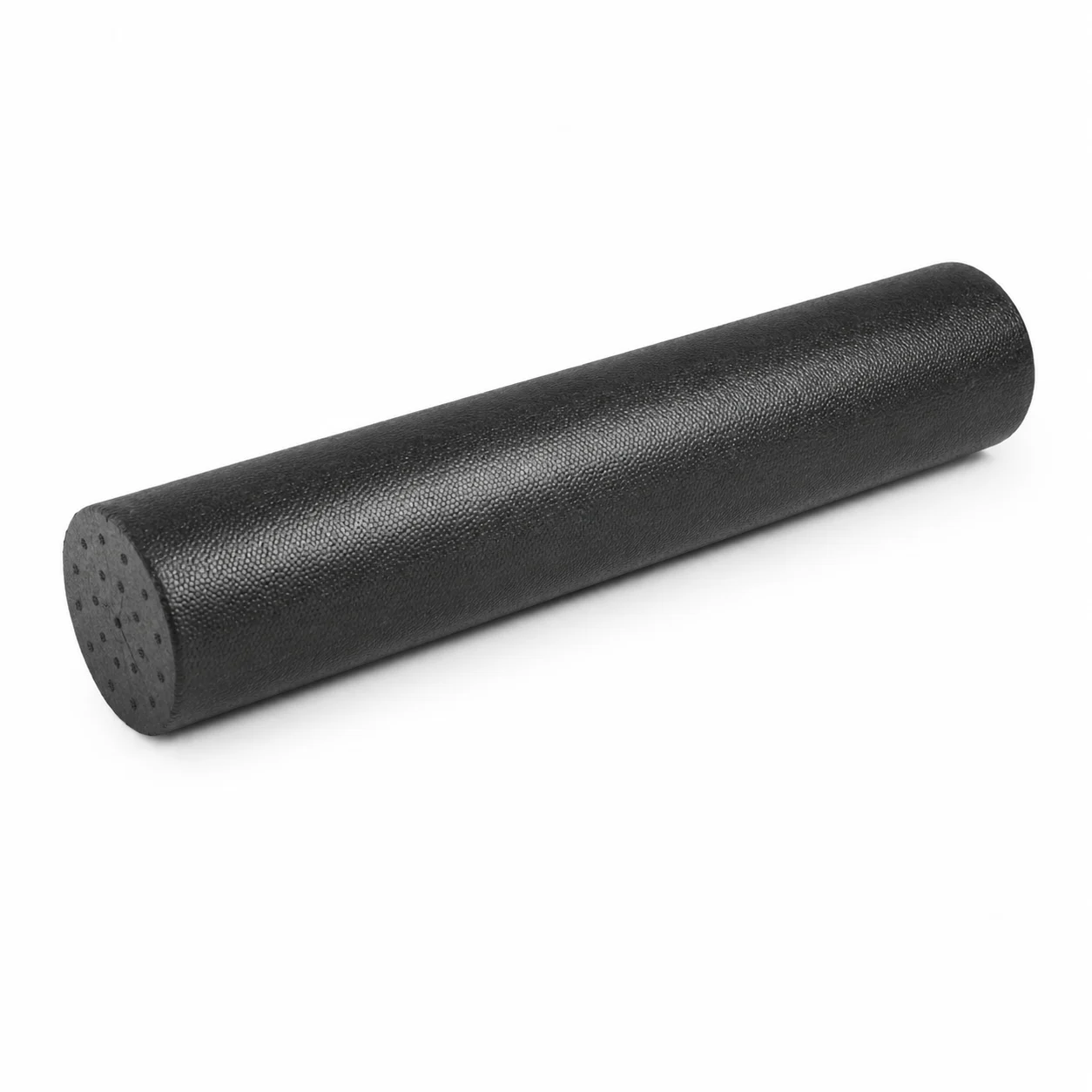 Black cylindrical foam roller for muscle massage on a white background
