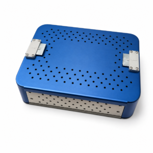 Blue metal case with a perforated lid and silver latches, viewed from above (ventilated electronics enclosure).
