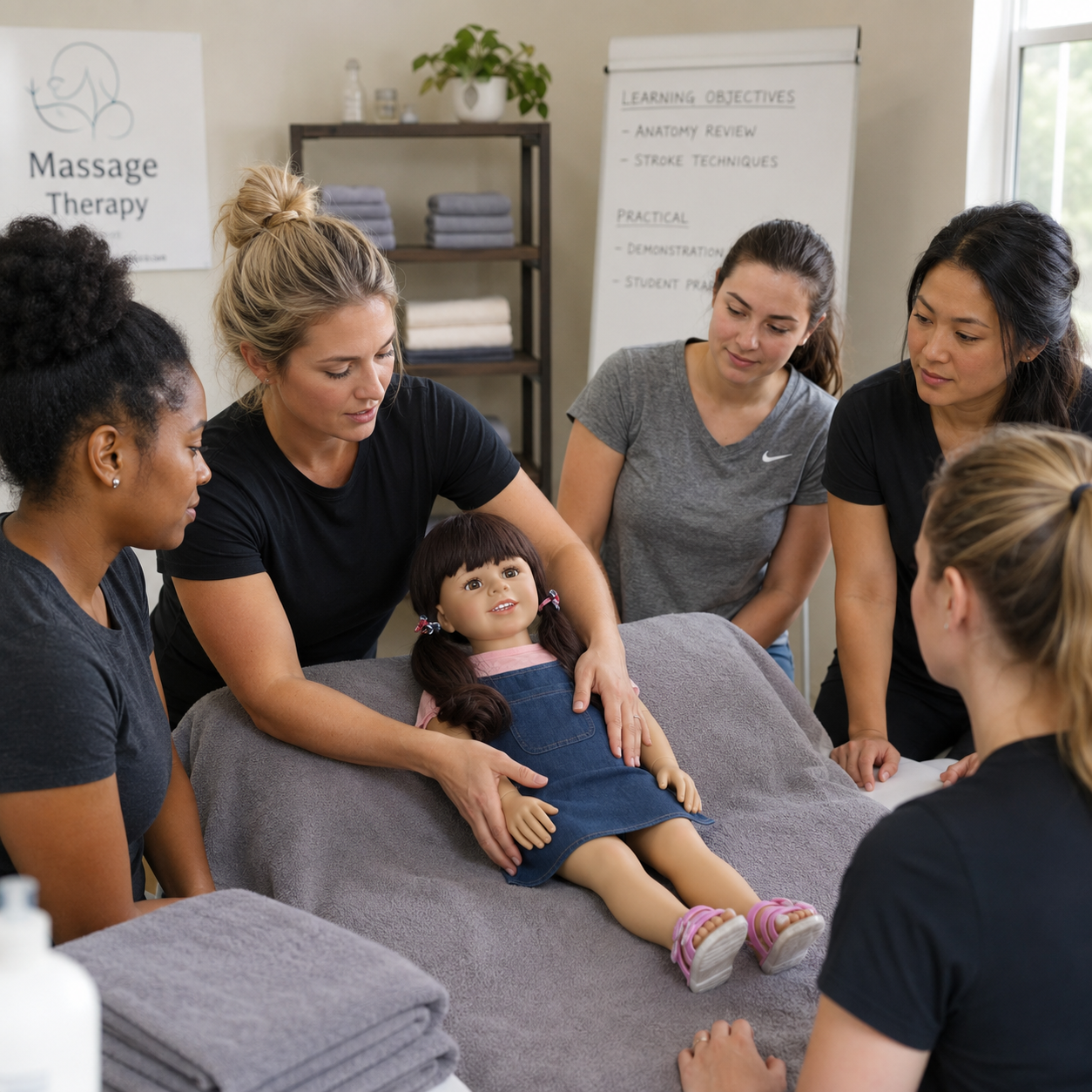 Group of students around a massage dummy on a treatment table during a hands-on class in a therapy studio
