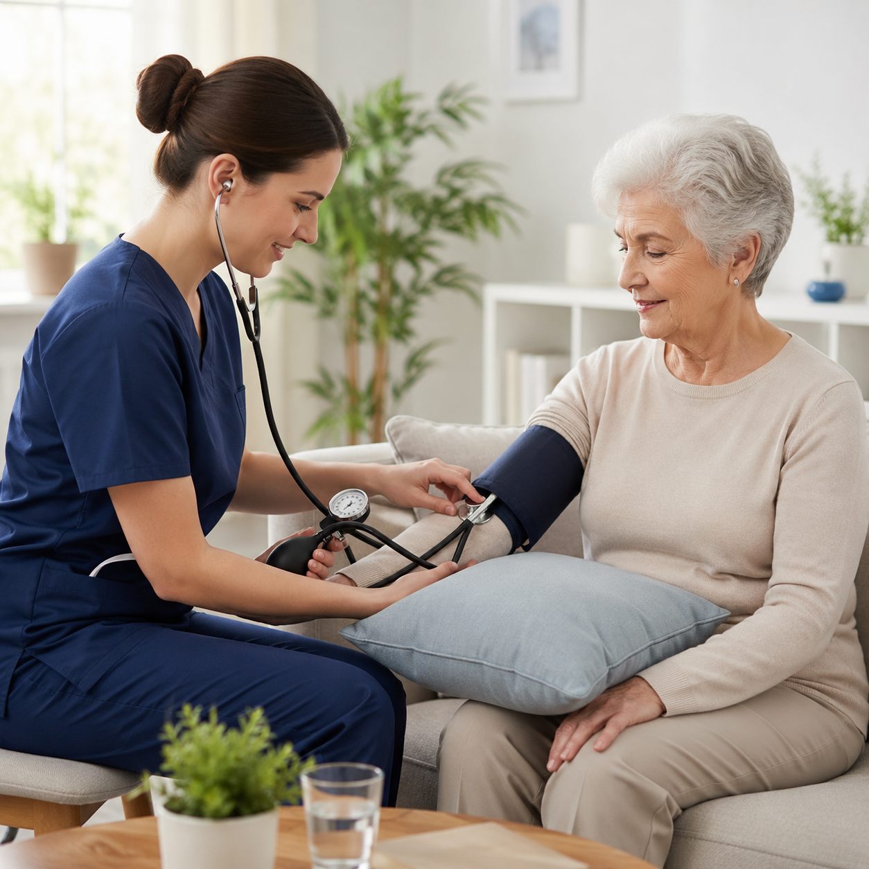 Nurse in blue scrubs checks an older woman’s blood pressure at home using a cuff and stethoscope on her arm on a sofa side table.