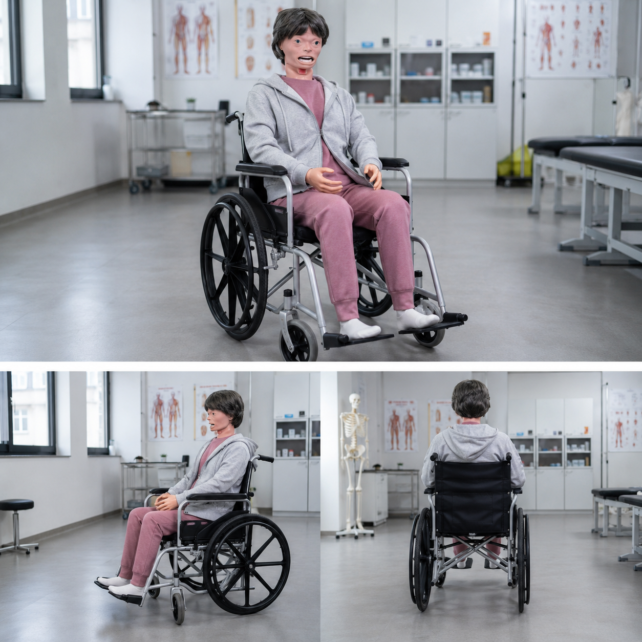 Medical training mannequin seated in a wheelchair in a clinical classroom with anatomy posters and cabinets in the background.