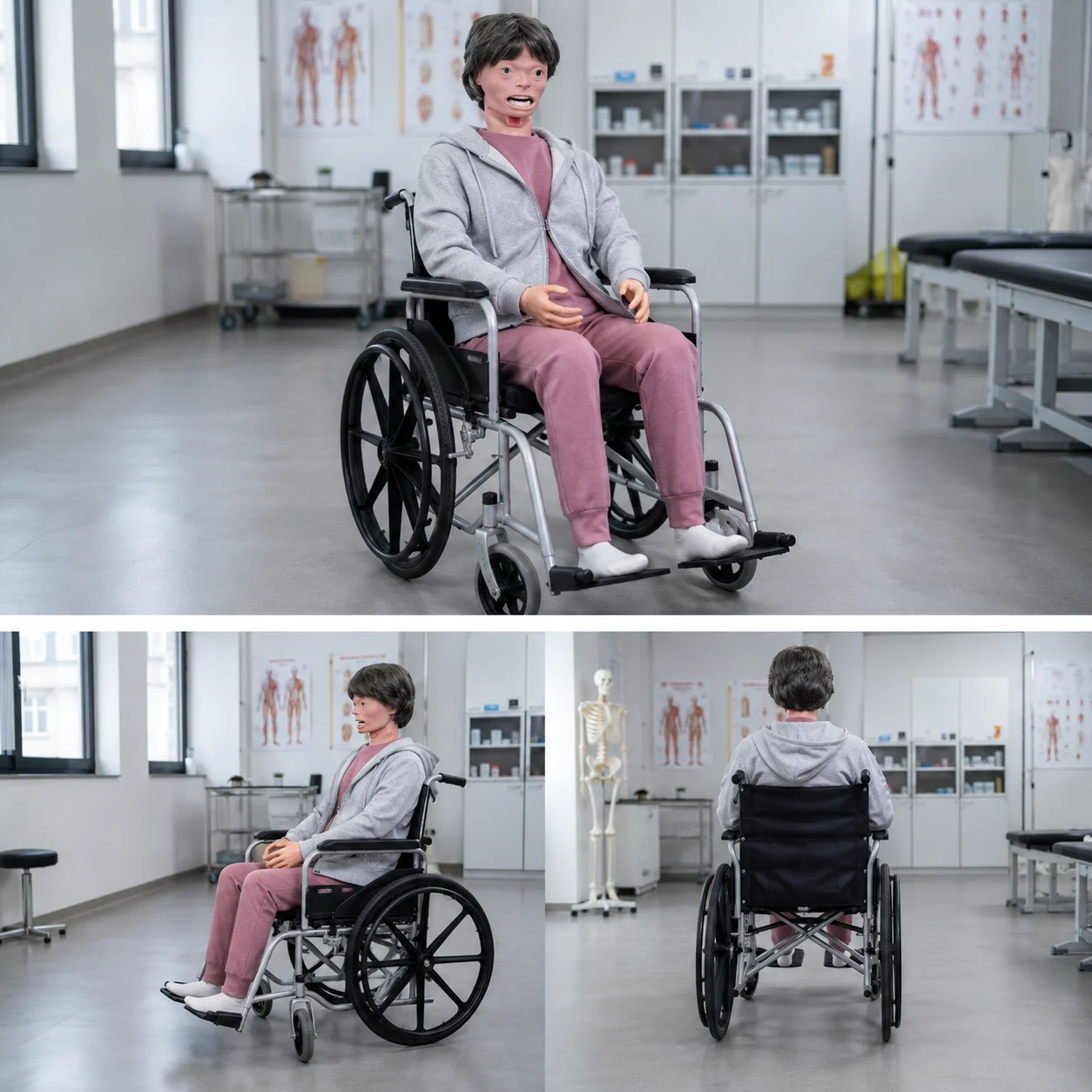 Medical training mannequin seated in a wheelchair in a clinical classroom with anatomy posters and cabinets in the background.