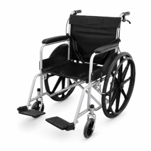 Manual wheelchair with black upholstery, footrests down, large rear wheels and small front casters.