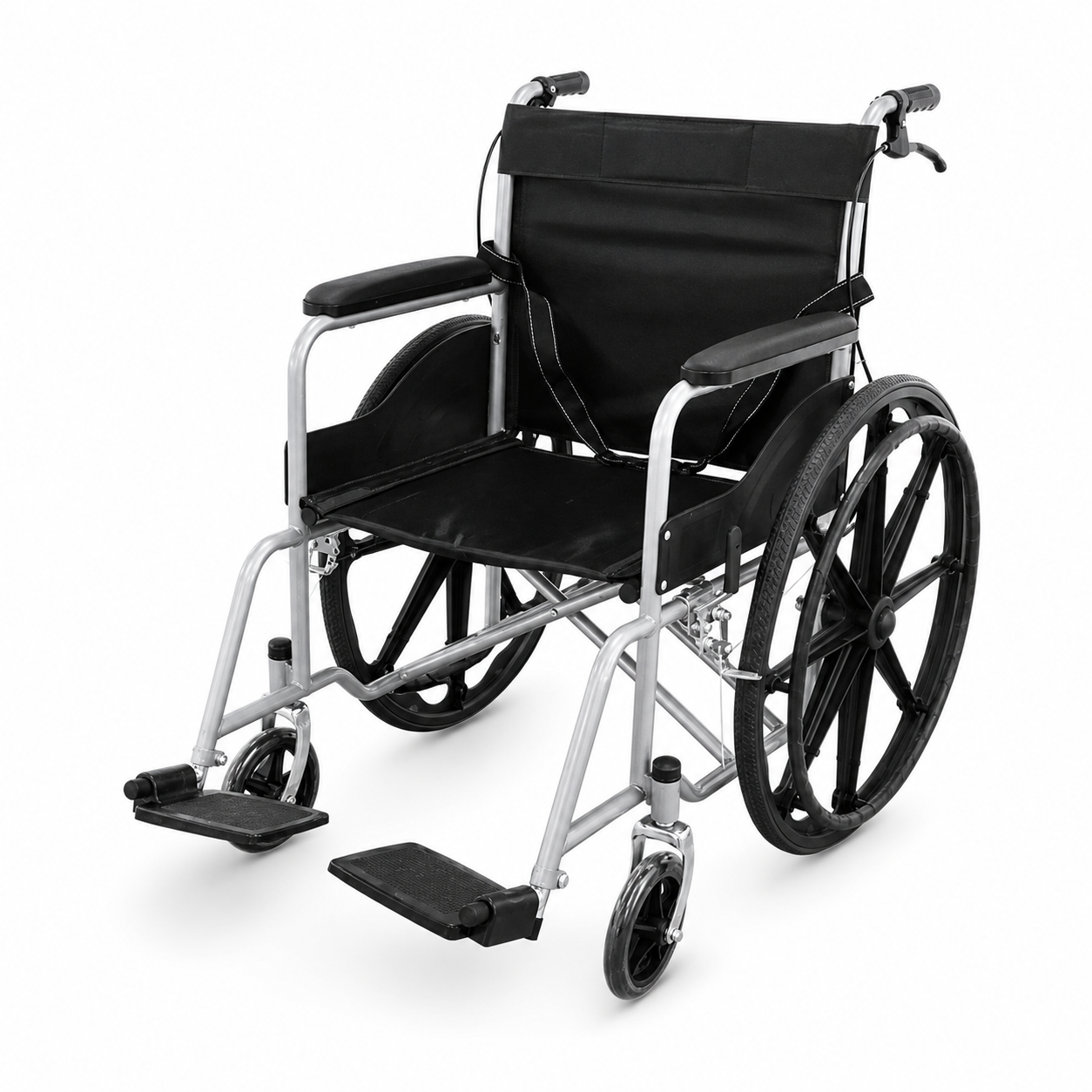 Manual wheelchair with black upholstery, footrests down, large rear wheels and small front casters.