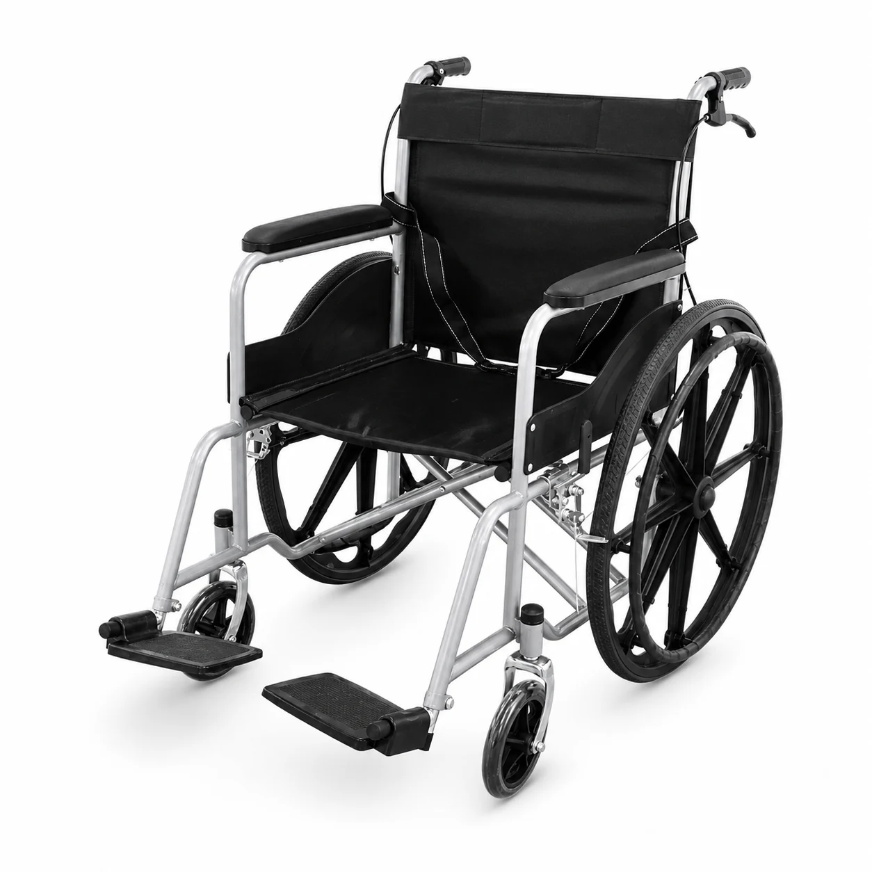 Manual wheelchair with black upholstery, footrests down, large rear wheels and small front casters.