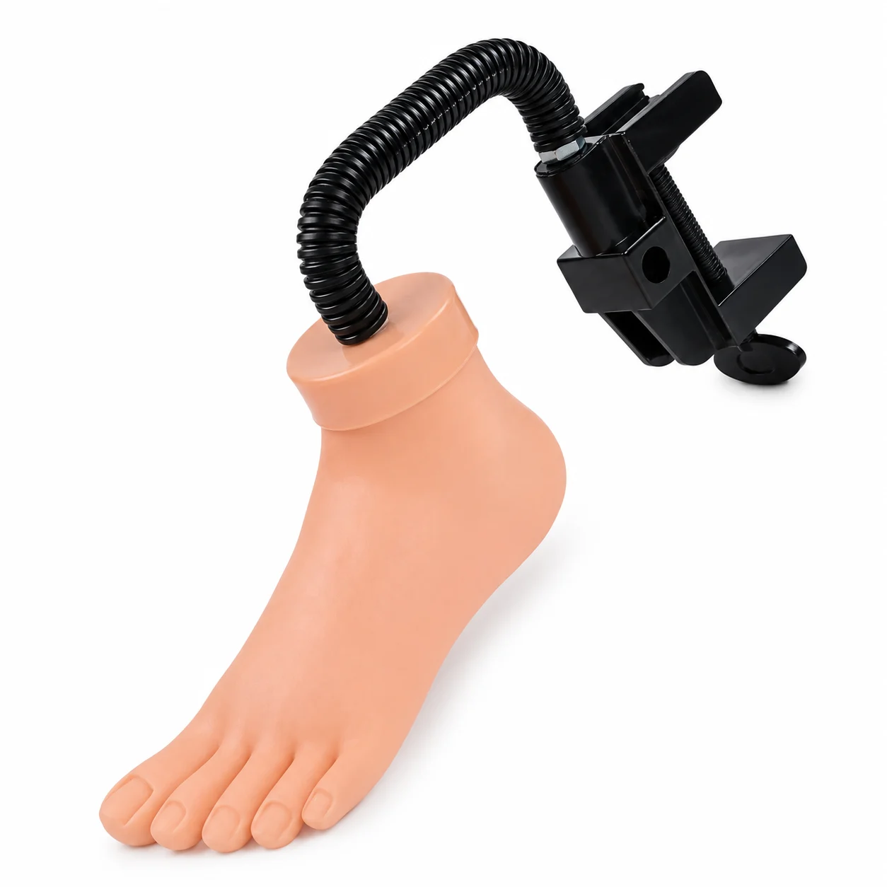 Prosthetic foot with a flexible black connector and clamp, used to replace a missing lower leg portion in artificial limbs, shown on a white background.