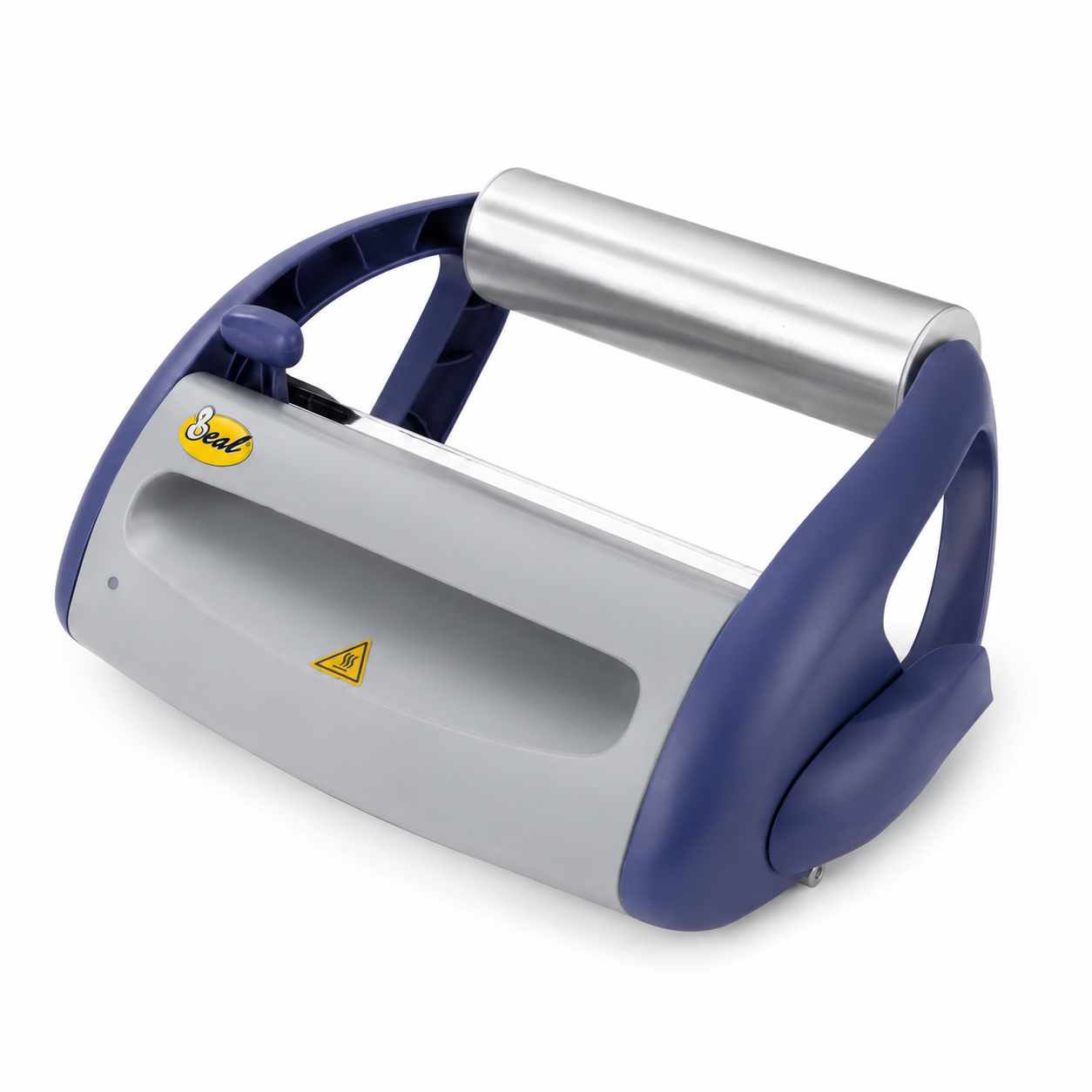 Blue and gray manual paper cutter with a cylindrical metal roller and curved blue frame.