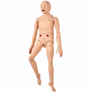Full-body medical training mannequin with jointed limbs, used for CPR practice and assessment of procedures on a lifelike dummy.