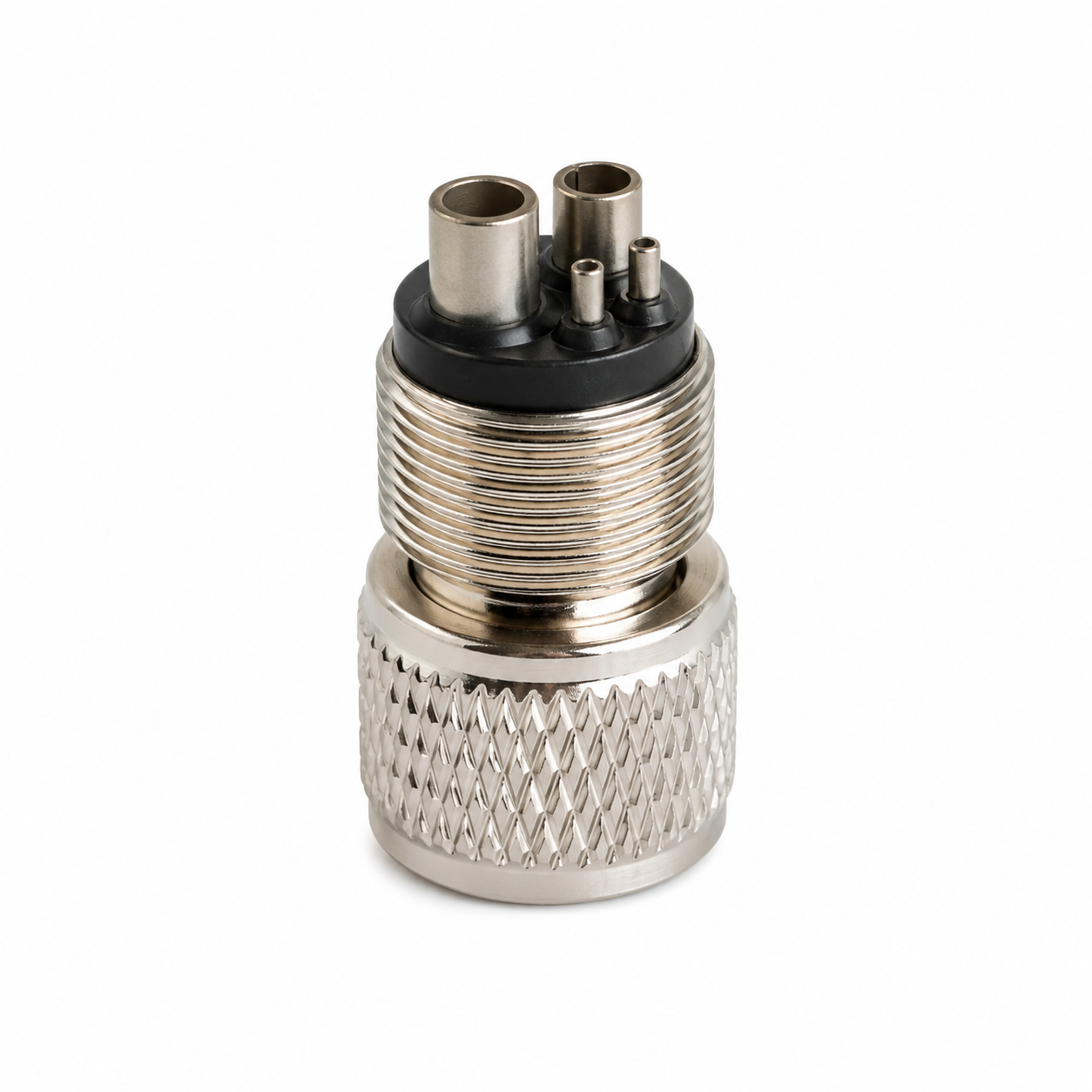 Metal circular multi-pin connector with a knurled coupling sleeve, showing pin holes on the top surface.