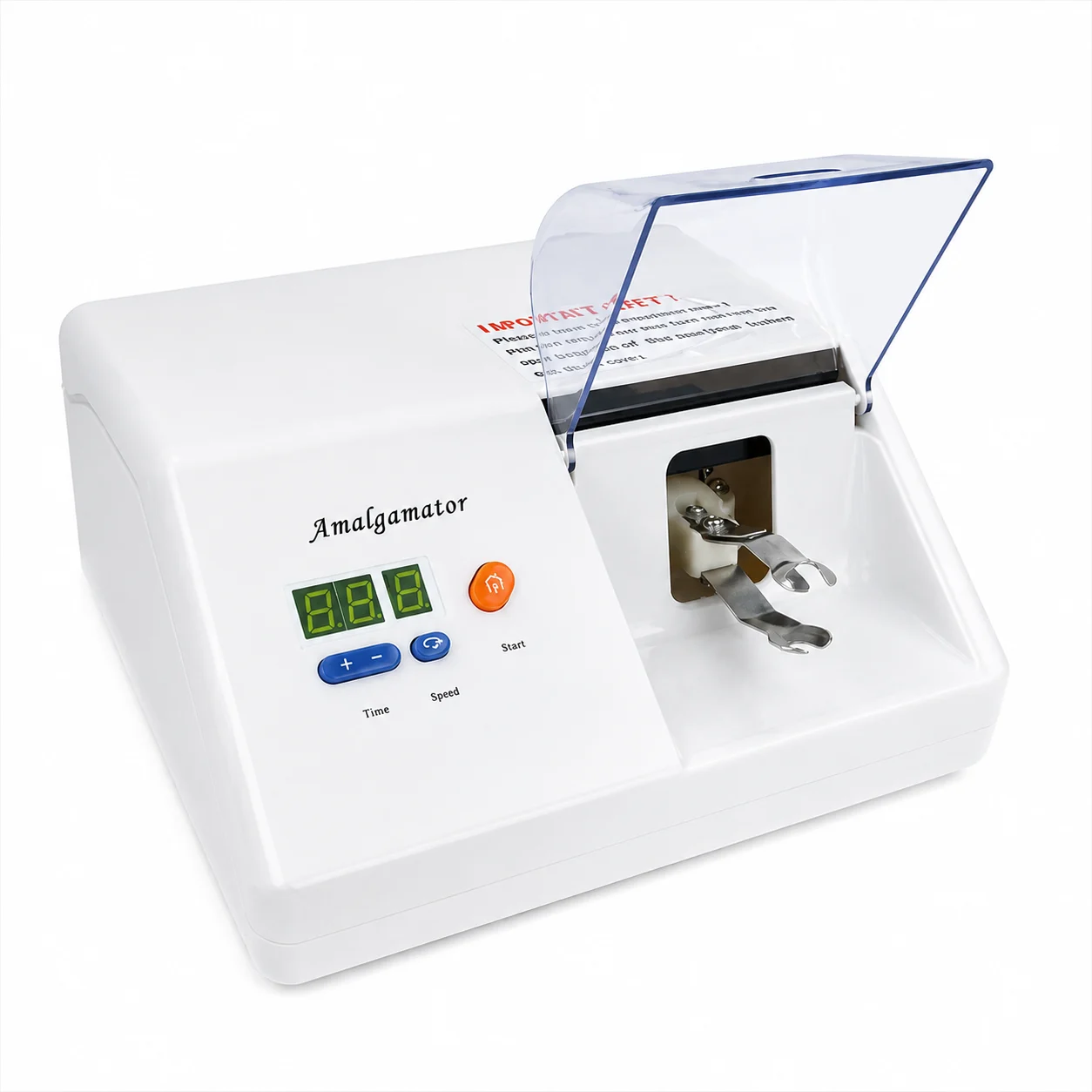 White dental amalgamator machine with a transparent lid, digital display, and blue control buttons labeled Time and Speed — Amalgamator top view on white background.