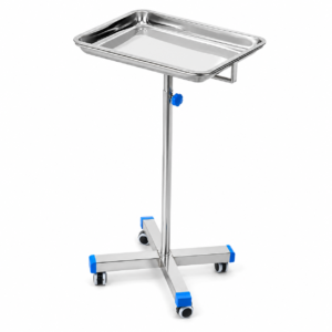 Stainless steel medical tray on an adjustable-height, wheeled stand with blue accents.
