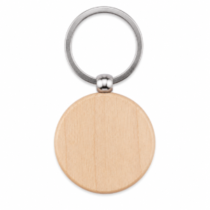 Round wooden keychain pendant attached to a silver metal ring and small connector ball