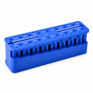 Blue plastic 28‑position indexing tool with numbered holes and a sliding measurement scale, used to align or organize pins.