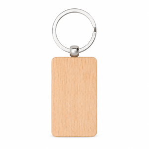 Wooden rectangular keychain tag attached to a circular silver metal key ring.