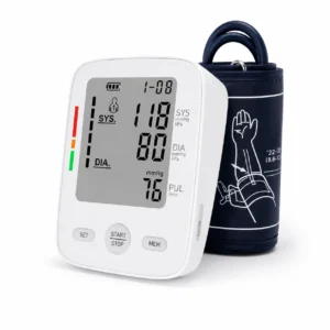 Digital blood pressure monitor with cuff; display shows 110 systolic, 80 diastolic, and 76 pulse (mmHg/kPa).