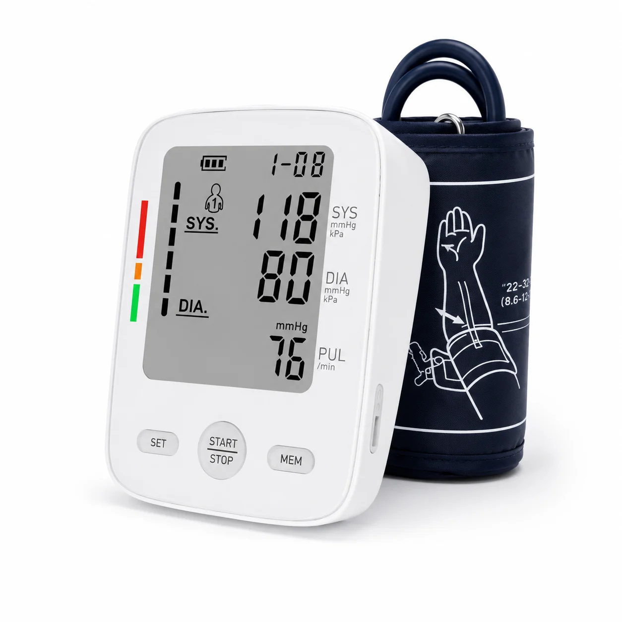 Digital blood pressure monitor with cuff; display shows 110 systolic, 80 diastolic, and 76 pulse (mmHg/kPa).