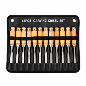 Set of 12 carving chisels with wooden handles arranged in a black roll-up case.