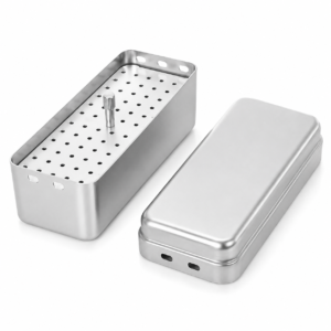 Two-piece metal herb grinder with a perforated tray and a removable lid, showing the grinding post in the center