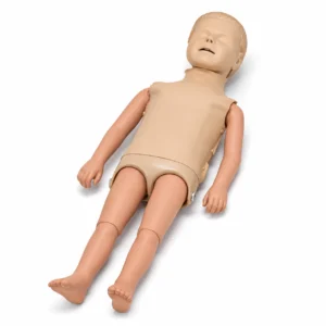 Life-size infant mannequin lying on its back on a white background