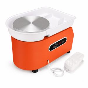 Tabletop electric pottery wheel with a silver turning disk in a white basin on an orange base, plus a foot pedal and power cord.