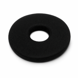 Black donut-shaped neck pillow with a central hole for support
