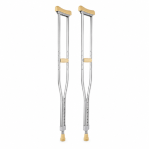 Pair of aluminum forearm crutches with beige padded underarm rests and tips used for mobility support.