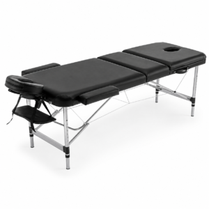 Black adjustable massage table with padded surface, face cradle, and steel legs on a folding frame.