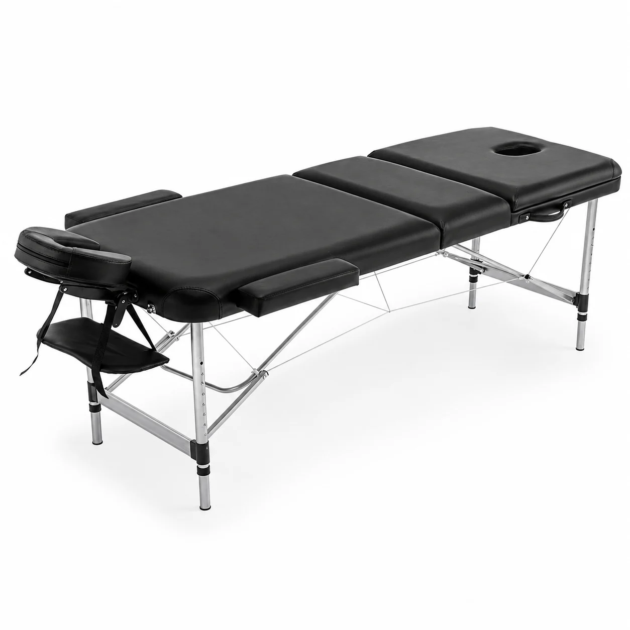 Black adjustable massage table with padded surface, face cradle, and steel legs on a folding frame.