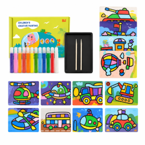 Children's creative painting set with colorful markers, painting tray, and activity boards featuring vehicles and cartoon scenes on a white background I.png