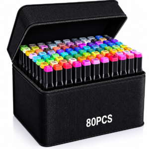 Open black zippered case containing 80 colorful markers arranged in rows.