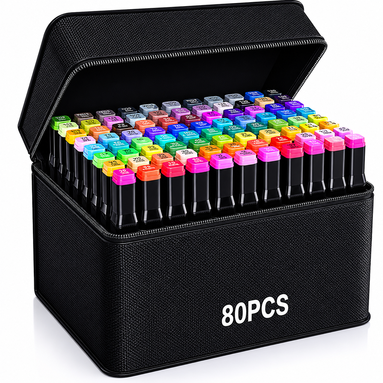 Open black zippered case containing 80 colorful markers arranged in rows.