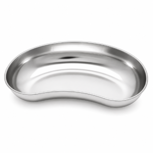 Shiny kidney-shaped stainless steel serving tray with raised rim