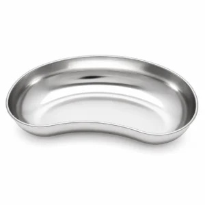 Shiny kidney-shaped stainless steel serving tray with raised rim