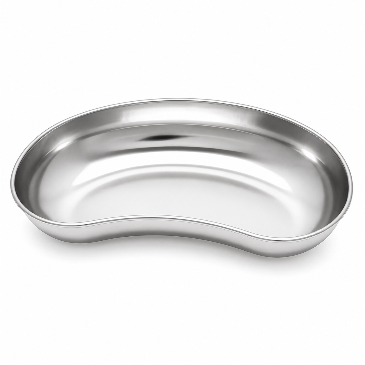 Shiny kidney-shaped stainless steel serving tray with raised rim